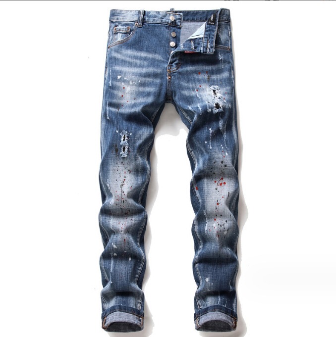 European and American Style Embroidered Personality Splatter Ink Jeans for Men, Slim Fit, Ripped, with Badges, Distressed Fashion Long Pants
