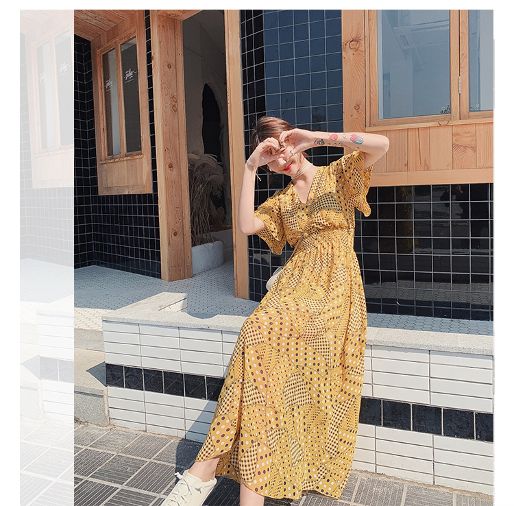 VK旗艦店 韓國風波點印花雪紡收腰V領優雅短袖洋裝