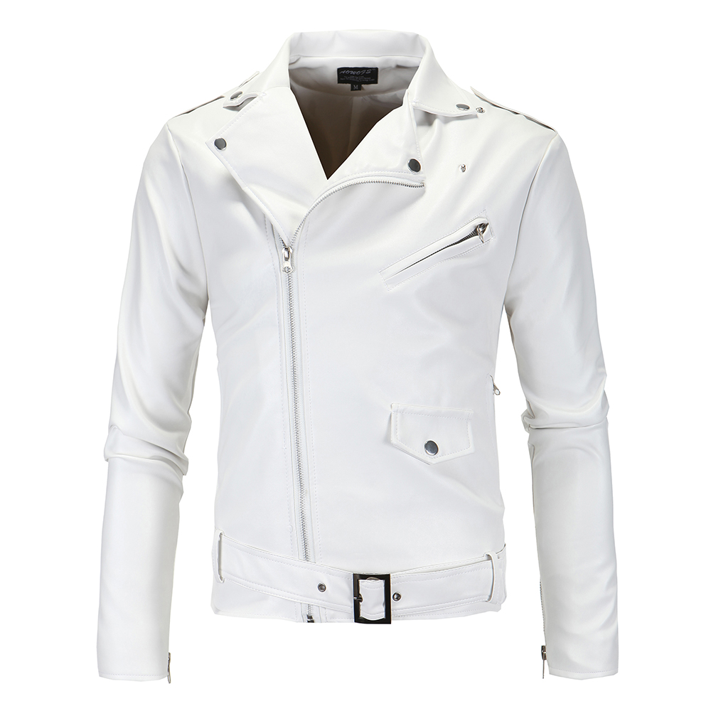 White lapel side zipper personality youth motorcycle leather coat short display tall size leather jacket men