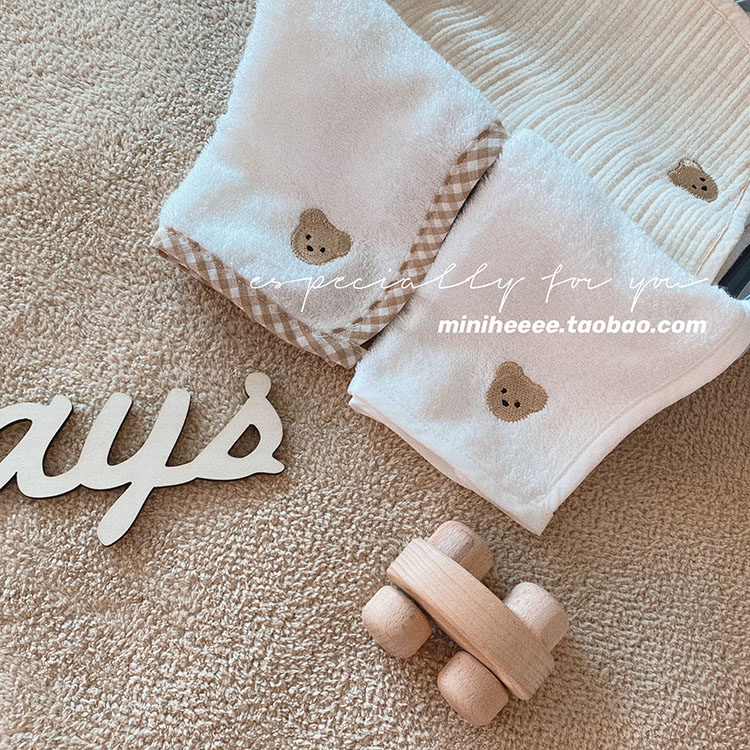 minitheeee Korean Department Embroidery Little Bear Cute Baby Boy Baby Baby Pure Cotton Soft Wash Face Towel Kindergarten