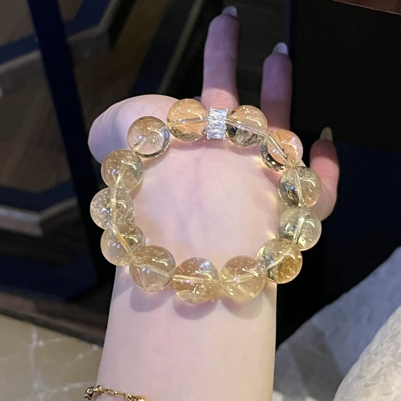 Natural Yellow Azeztulite Bracelet for Women, Citrine Beaded Bracelet for Wealth and Luck, Large Size, Light Luxury, Niche and Exquisite Natural Yellow Azeztulite Bracelet for Women, Citrine Beaded Bracelet for Wealth and Luck, Large Size, Light Luxury, Niche and Exquisite