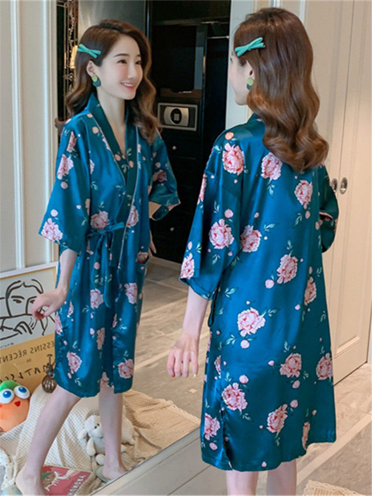 NIGHTGOWN WOMENS SUMMER ICE SILK PAJAMAS WOMENS SUMMER 2024 SUMMER THIN SEXY NIGHTDRESS KIMONO TAKEAWAY BATHROBE