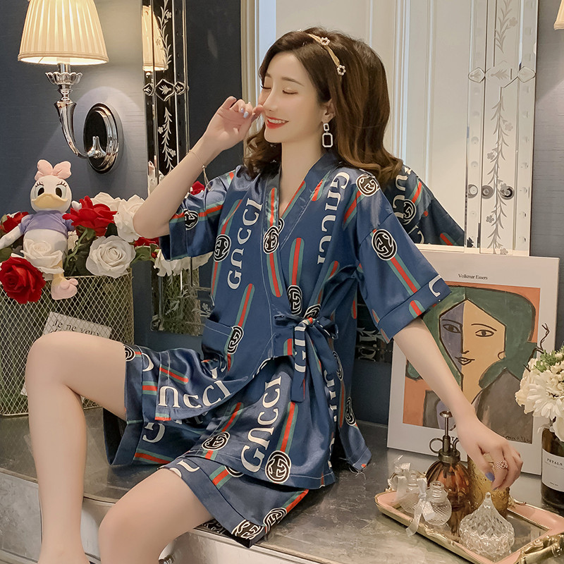 Japanese pajamas women's summer short-sleeved ice silk kimono Japanese girls Silk Loose home clothes two-piece set summer