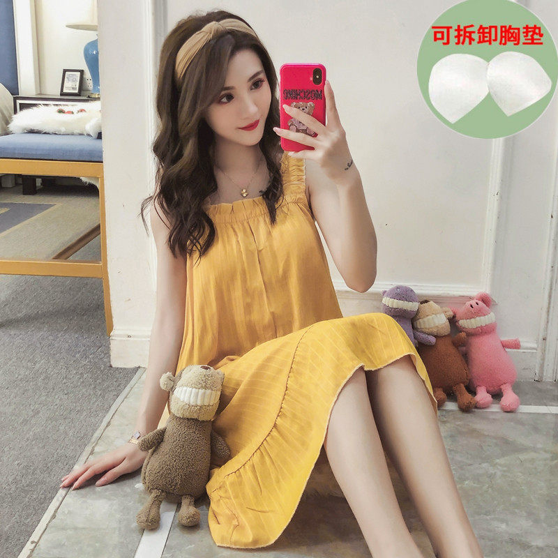 Sleepwear Woman Summer Thin style Harness Sleeping dress with long version of pure cotton sweet and cute with chest cushion summertime home clothes