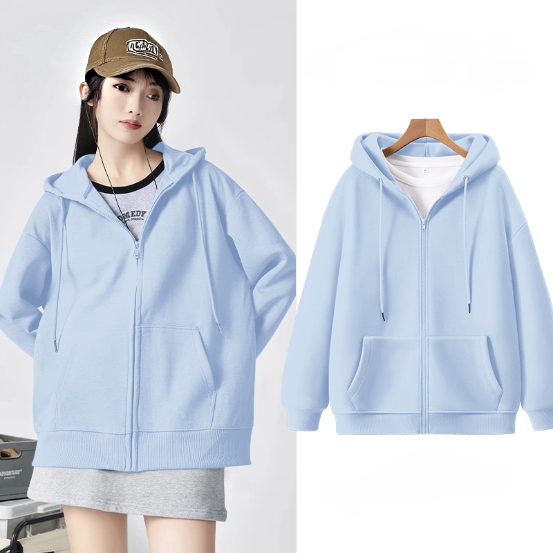 Sky Blue Zip-Up Sweatshirt for Women, Autumn and Winter Fleece-Lined Top, 2026 New Popular Style, Hooded Jacket for Middle School Students