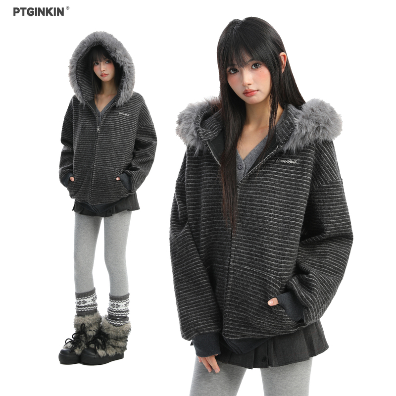 Ptginkin Detachable Large Fur Collar Striped Cardigan Hooded Sweatshirt for Women Autumn and Winter Couple Style Zipper Hoodie Jacket