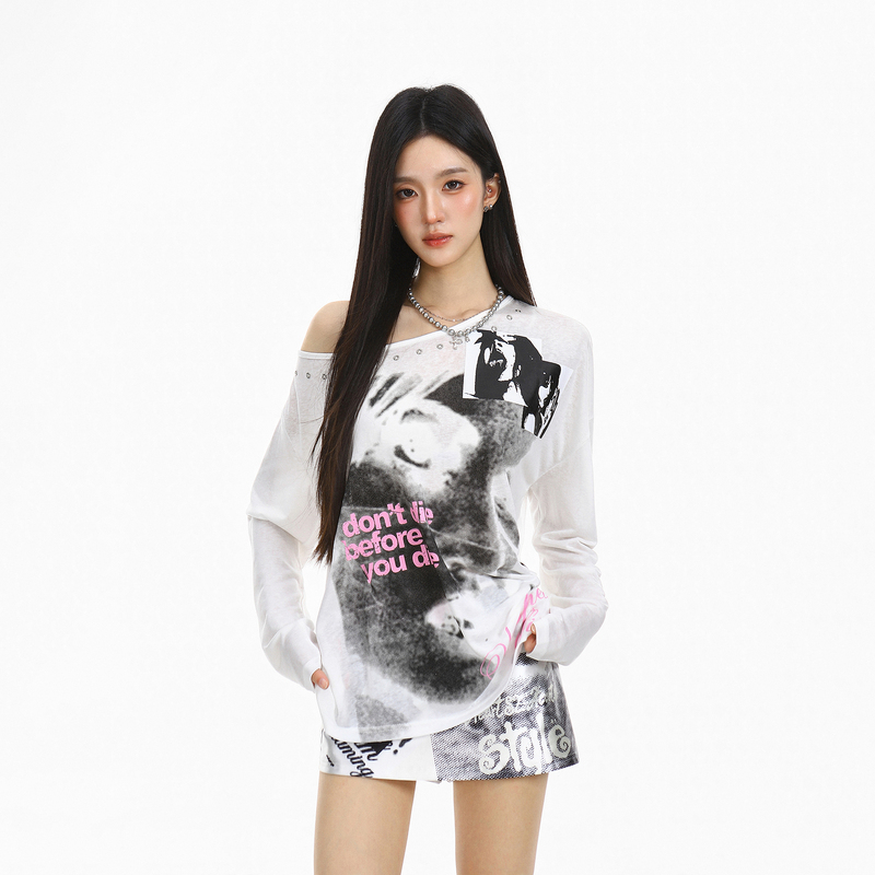 Ptginkin Lyocell Asymmetrical Shoulder Long Sleeve T-Shirt Cover-Up for Women, Autumn Portrait Print Off-Shoulder Loose Sun Protection Top Ptginkin Lyocell Asymmetrical Shoulder Long Sleeve T-Shirt Cover-Up for Women, Autumn Portrait Print Off-Shoulder Loose Sun Protection Top