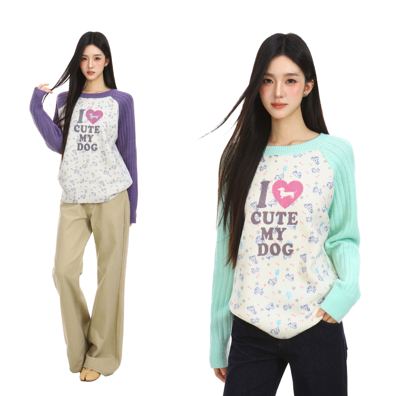 Ptginkin American-Style Fun Cartoon Color-Blocked Pullover Sweater for Women, Autumn and Winter Relaxed Long-Sleeved Knitted Top Sweater