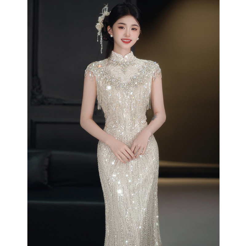 Fishtail Engagement Dress, High-End Sequin Host Evening Gown, Elegant Socialite Slimming Performance Dress for Women