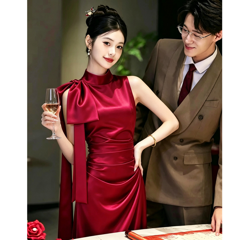 Fishtail Toast Dress for Petite Brides, High-End 2026 New Engagement Dress, Red Wedding Dress with Elegance