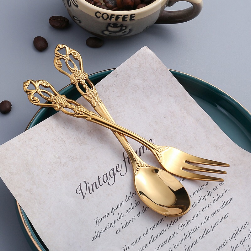 European Palace Retro Style Stainless Steel Coffee Spoon Stirring Spoon Dessert Spoon Fork Afternoon Tea Small Spoon Fruit Fork European Palace Retro Style Stainless Steel Coffee Spoon Stirring Spoon Dessert Spoon Fork Afternoon Tea Small Spoon Fruit Fork