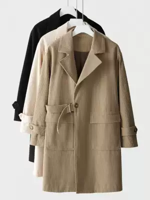 Wind coat men long version corduroy retro trench trench double-breasted coat British handsome spring and autumn men's coat tide