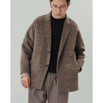 One hand long wool coat Mens short profile loose plaid suit collar double-sided cashmere-free boys  coat