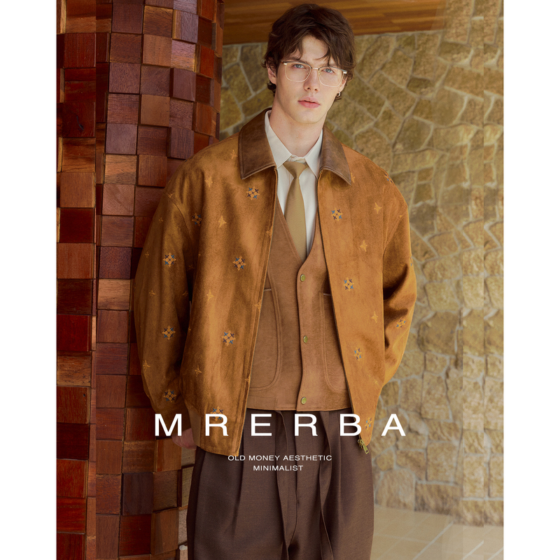 Mr. Erba Suede Embroidered Patchwork Jacket Pu Lapel Retro Loose Men's Autumn Cool Outdoor Casual Coat