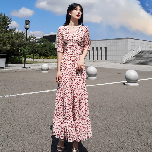 Летнее сверхдлинное шифоновое платье, коллекция 2021, V-образный вырез, короткий рукав