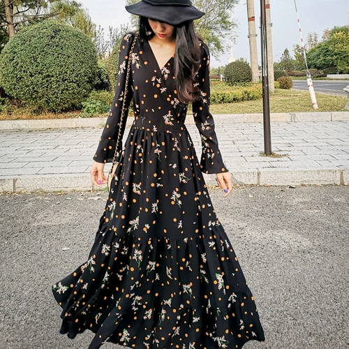 Осеннее сверхдлинное шифоновое платье, приталенный лонгслив, корсет, юбка, коллекция 2023, V-образный вырез