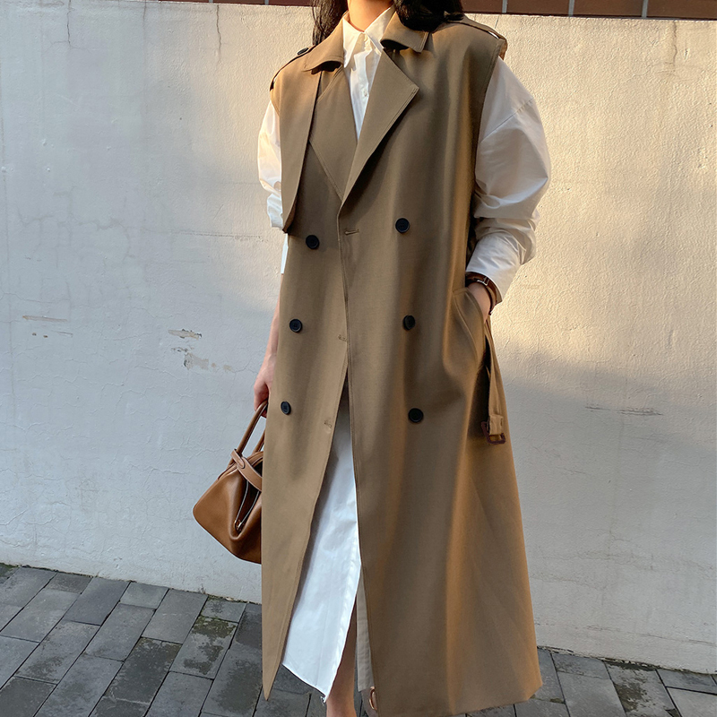 2022 Autumn Slimming Double-Breasted Trench Coat Vest for Women, Long Style, New Classic Lace-Up Casual Vest Jacket for Spring and Autumn