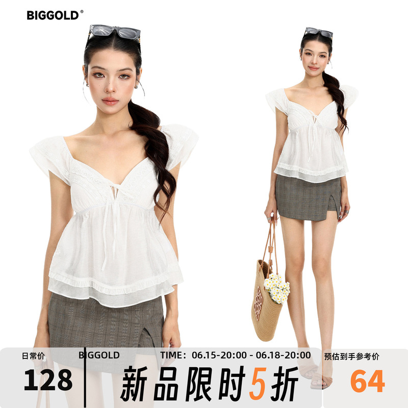 Biggold White V-Neck Lace-Trimmed Short-Sleeve T-Shirt for Women, Summer Sweet Short Style Tie-Up Babydoll Top Biggold White V-Neck Lace-Trimmed Short-Sleeve T-Shirt for Women, Summer Sweet Short Style Tie-Up Babydoll Top