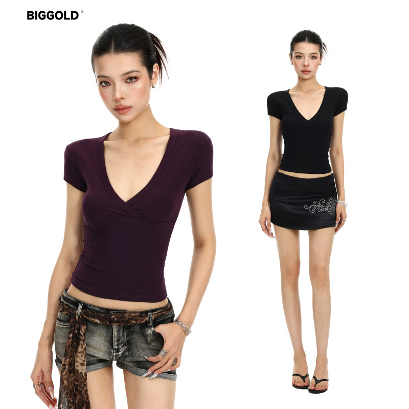 Biggold Sexy Deep V-Neck Short-Sleeved T-Shirt for Women, Summer Solid Color Basic Slim Fit Short Top
