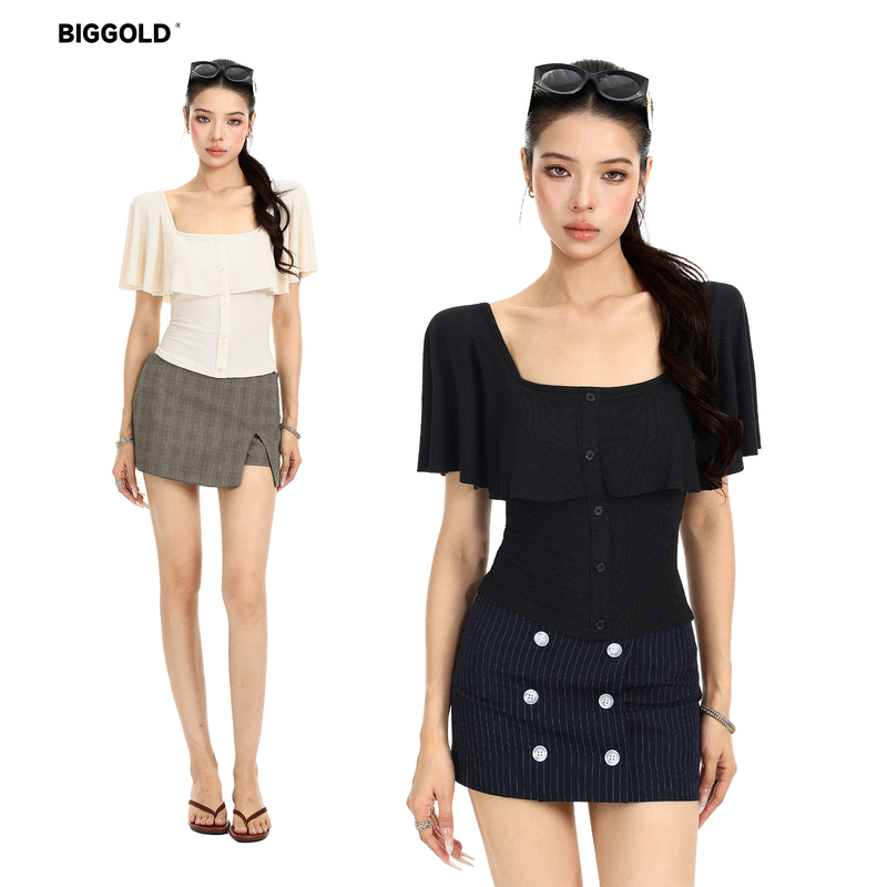 Biggold Korean-Style Square-Neck Batwing Sleeve T-Shirt for Women, Summer Design with Patchwork, Single-Breasted, Slim-Fit, Short Top Biggold Korean-Style Square-Neck Batwing Sleeve T-Shirt for Women, Summer Design with Patchwork, Single-Breasted, Slim-Fit, Short Top