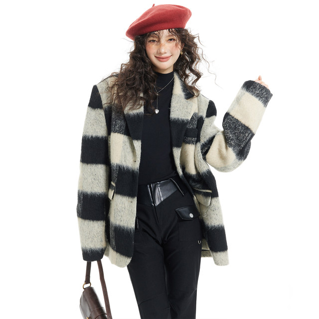 7Shiftin/22AW original design high-grade plaid woolen coat autumn and winter new warm college style coat