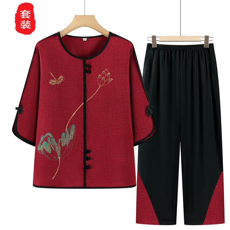 New Summer Outfit Set for Middle-Aged and Elderly Women, Two-Piece Summer Set for Mothers, Clothing for Elderly Ladies, Top and Pants