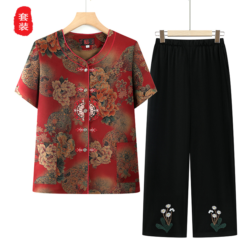 New Summer Outfit for Middle-Aged and Elderly Women, Short-Sleeved Two-Piece Set for Mothers, Elderly Women's Clothing, Tops and Pants