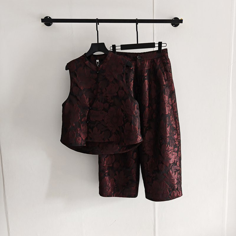 2026 Spring Collection 36A060 Fashionable Jacquard National Style Vest and Wide-Leg Pants Two-Piece Set