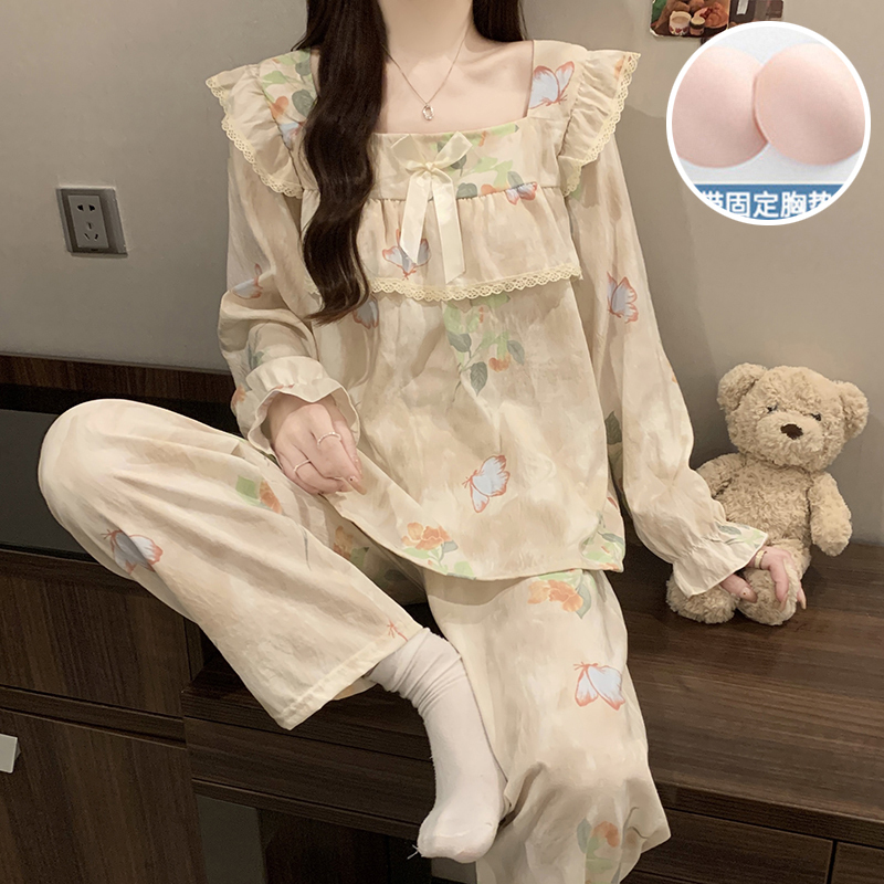 Long-Sleeved Pajama Set with Chest Pads for Girls, Spring and Autumn Cloud Cotton 2026 New Style Home Wear, Sweet and Cute Brown