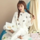 Bộ đồ ngủ nữ mùa xuân và mùa thu tay dài Cotton ngọt ngào dễ thương Hàn Quốc Bộ đồ đội đầu đồ bộ vải đũi