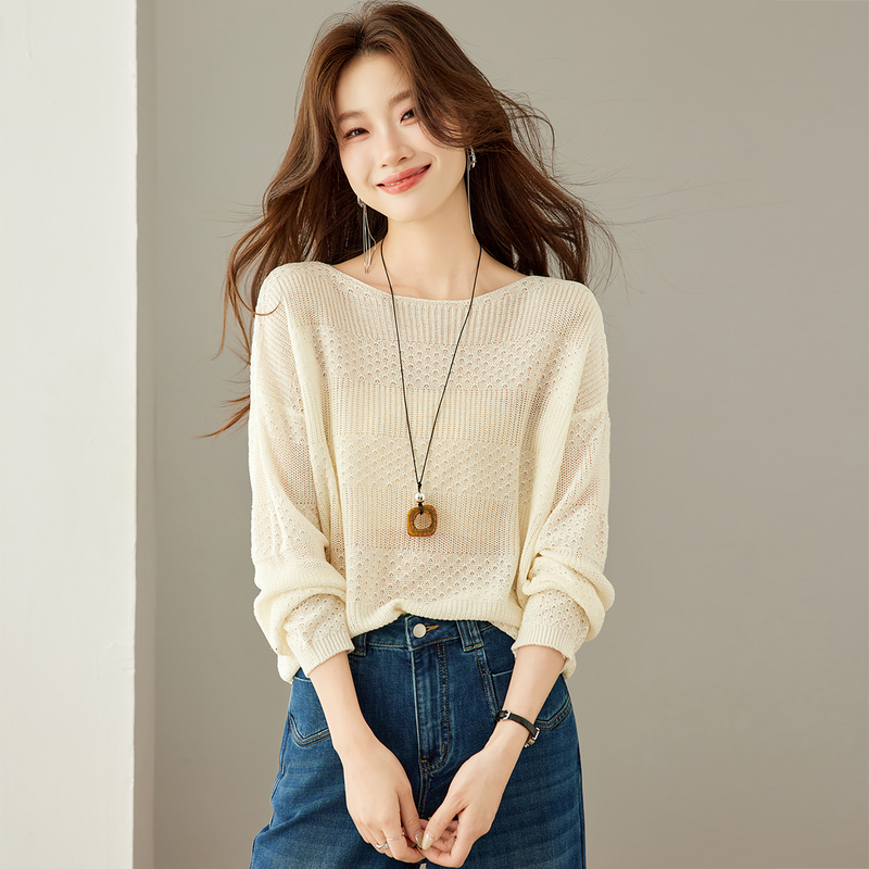 One-Line Neckline Hollow-Out Knit Sweater for Women, New Autumn Style, Unique and Beautiful Thin Top, Fashionable Versatile Long-Sleeve Pullover Sweater One-Line Neckline Hollow-Out Knit Sweater for Women, New Autumn Style, Unique and Beautiful Thin Top, Fashionable Versatile Long-Sleeve Pullover Sweater
