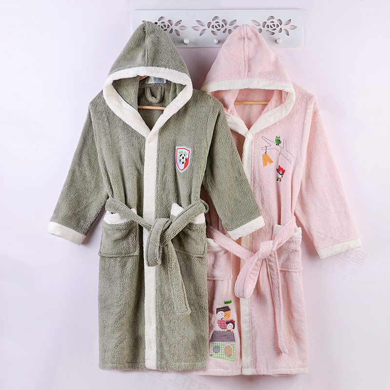 Pure cotton children towel stock bathrobes male and female children and autumn winter lengthening thickened pyjamas full cotton tandem cap bathing suit swimming
