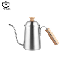 JFEIBLUE outdoor camping picnic hand ground coffee frosted stainless steel wooden handle long mouth hand pour fine mouth pot 0 7L