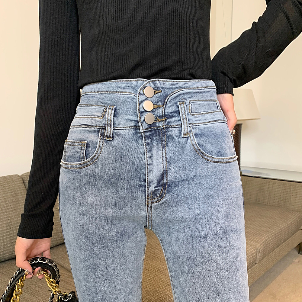 2021 Old high waist thin button denim cigarette pants temperament black nine-point wild tight pencil pants female