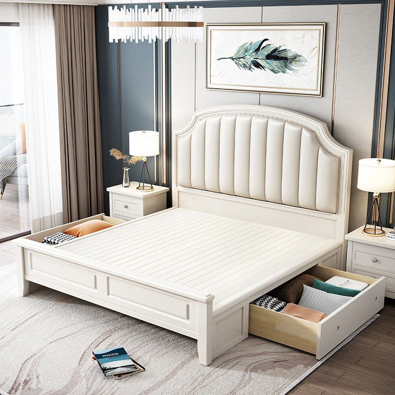 American solid wood bed white 1 8M light and luxurious double bed master bedroom 1 5 m princess bed drawer high case storage wedding bed