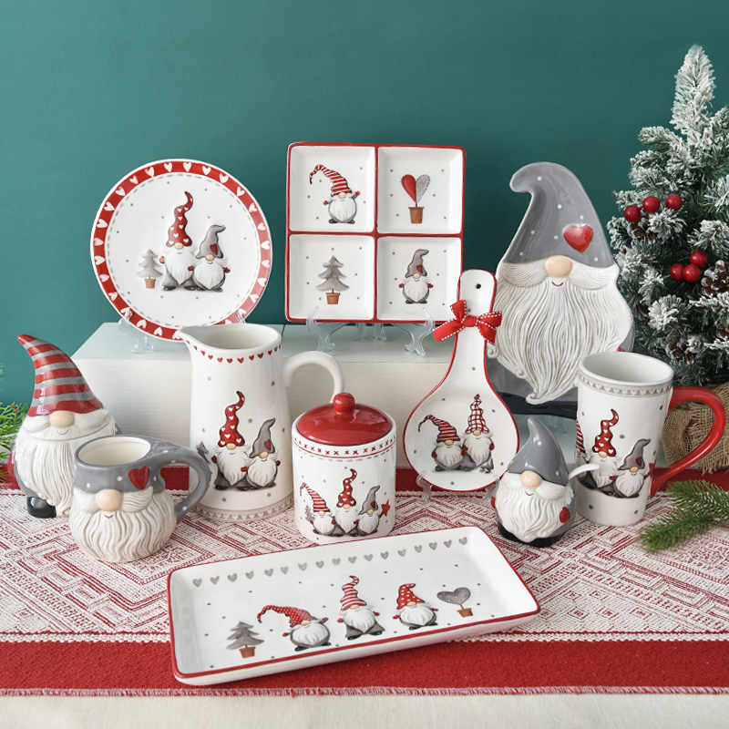 Santa Claus Tableware Set with Plates, Cups, and Jars, Household Ceramic Tea Cups, Export Embossed Gift Ornaments and Decorations