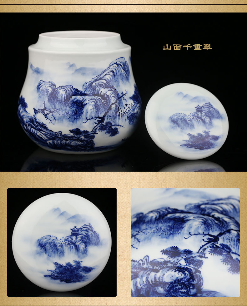 Beijing 's blue and white landscape and auspicious save tea caddy fixings jingdezhen ceramics receives gifts tea packaging gift box