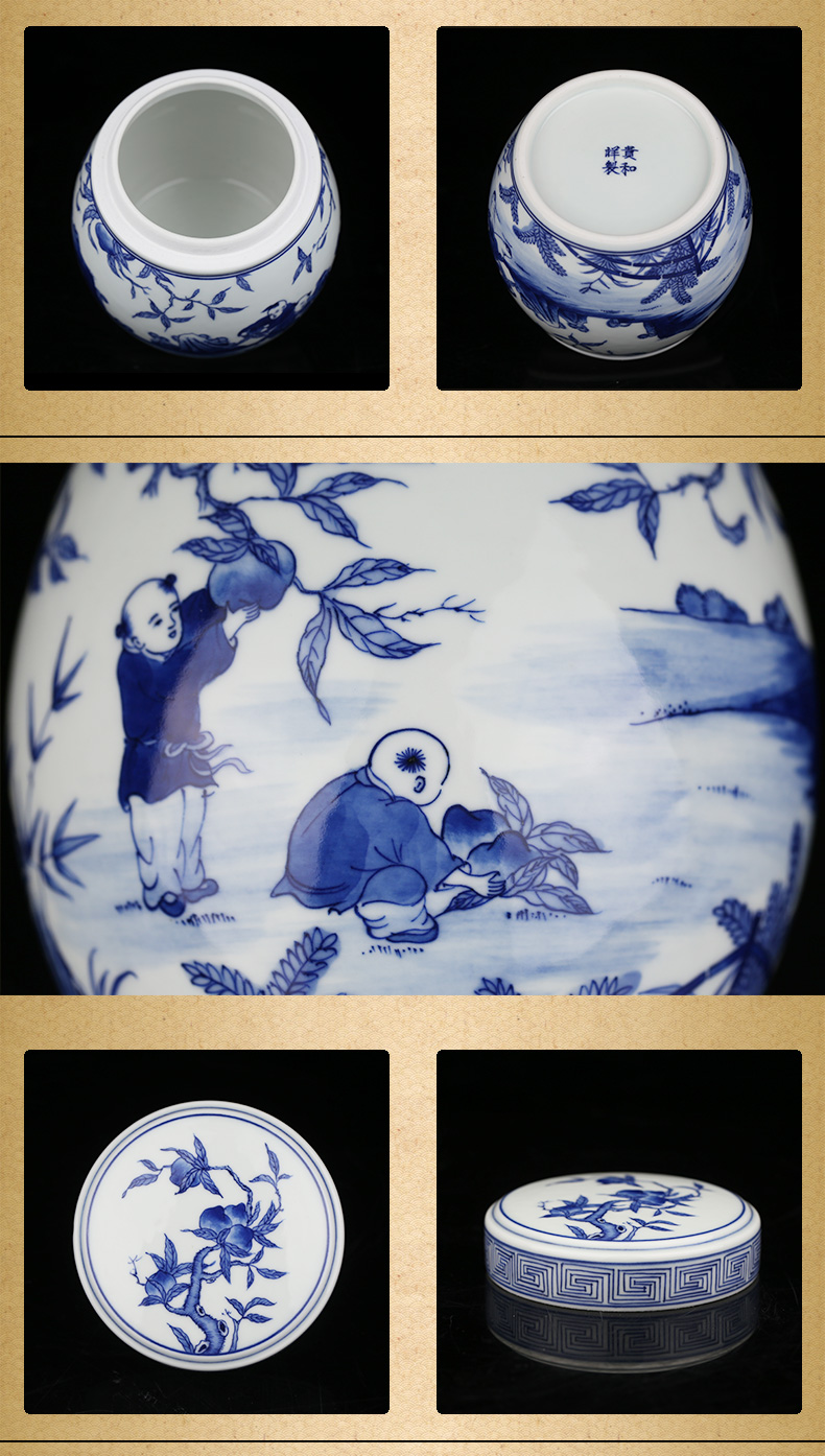 Jing DE and auspicious hand - made blue baby play peach as cans of jingdezhen ceramics by hand to wake tea loose tea tea gift box tank