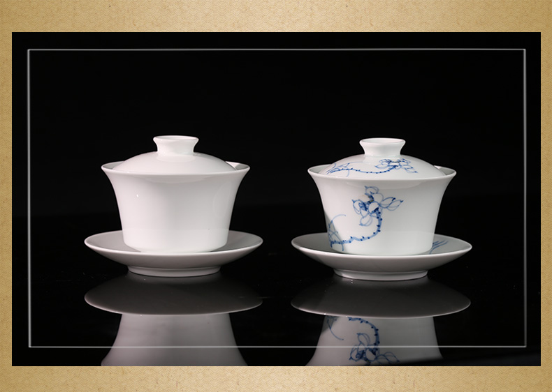 Jing DE and auspicious ceramic cups manual blue - and - white only three large bowl of tea bowl lotus tureen tea cups