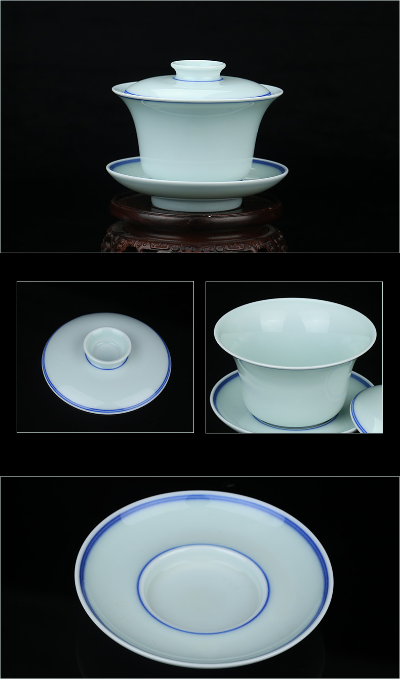 Jing DE auspicious jingdezhen esteeming harmony all hand kung fu tea set gift box set ceramic blue double tureen four groups