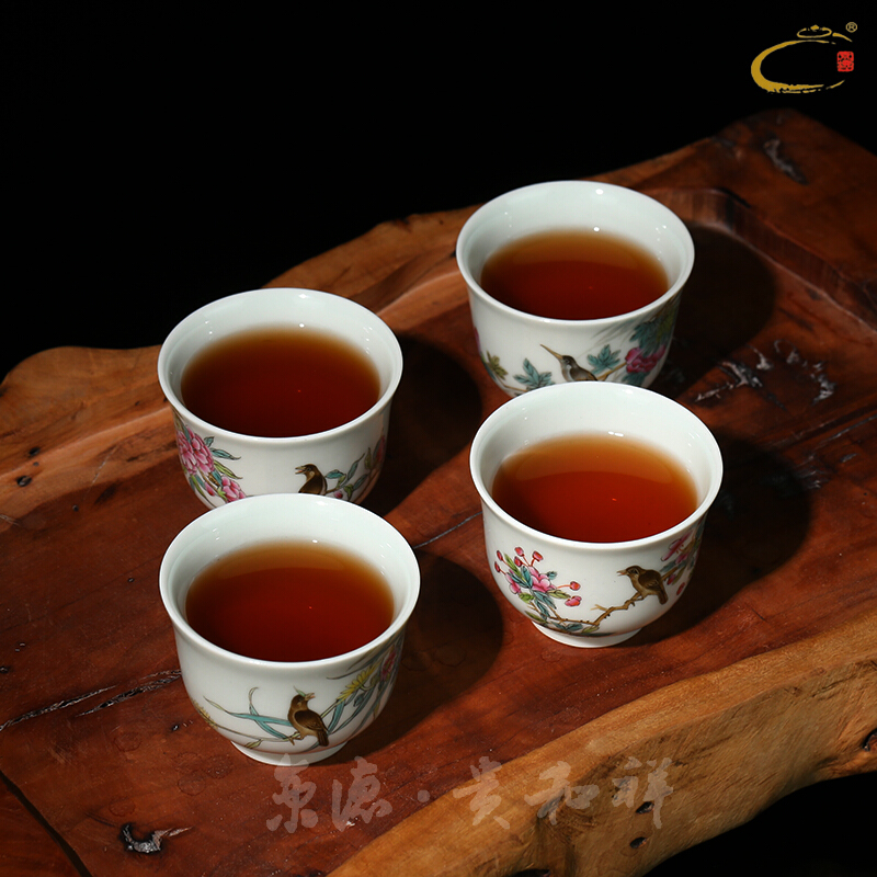Jing DE and auspicious jingdezhen manual hand - made famille rose tea set of master sample tea cup flower lamp cup four groups