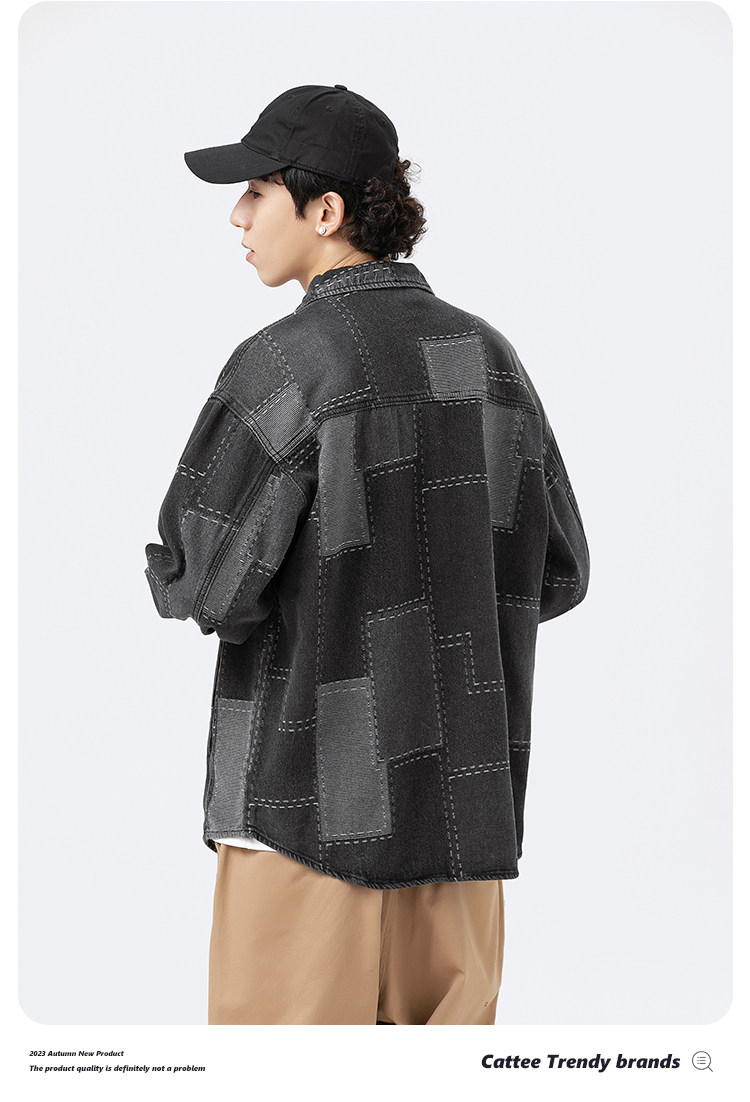 Джинсовая рубашка 牛仔衬衫工装男女美式复古格子拼接设计水洗复古牛仔外套衬衣 7ii7
