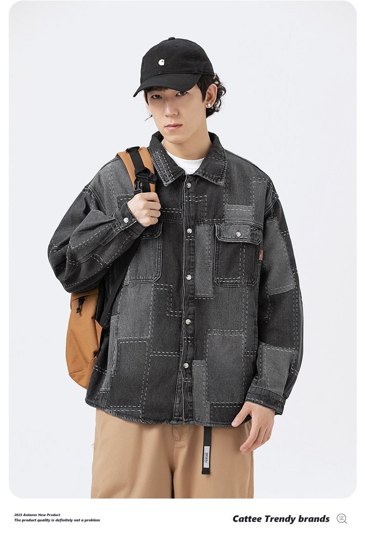 Джинсовая рубашка 牛仔衬衫工装男女美式复古格子拼接设计水洗复古牛仔外套衬衣 7ii7