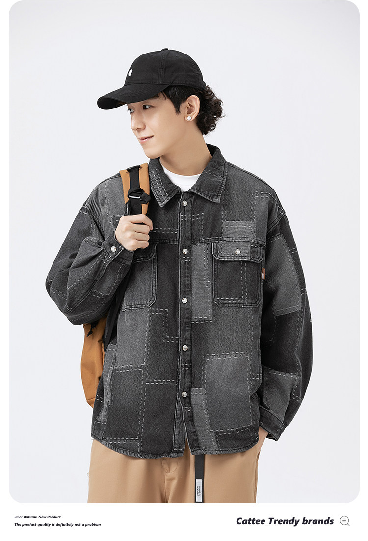 Джинсовая рубашка 牛仔衬衫工装男女美式复古格子拼接设计水洗复古牛仔外套衬衣 7ii7