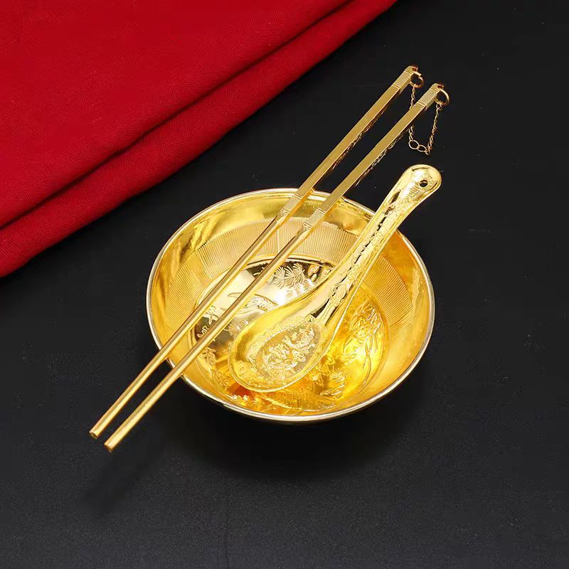 Golden Bowl and Chopsticks Three-Piece Set, Golden Chopsticks and Spoon, Decorative Ornaments for Home Use, Baby's First Birthday, Festivals, Weddings, and Wealth-Attracting