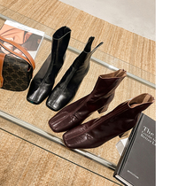 Njiahui staff a pair of thyme oil wax calf leather retro square head slim skinny boots female coarse heel short boot