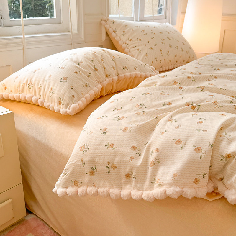 Pure Cotton Plus Fleece Duvet Cover Four-Piece Bedding Set, Ab-Side Duvet Cover Plus Fleece Bed Sheet Three-Piece Set, Autumn and Winter Warm Bedding