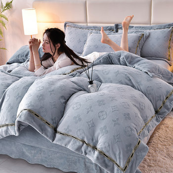 High-End Milk Velvet Four-Piece Set, Winter Double-Sided Coral Velvet Flannel Bed Sheet, Duvet Cover, Thickened and Warm Plush Bedding