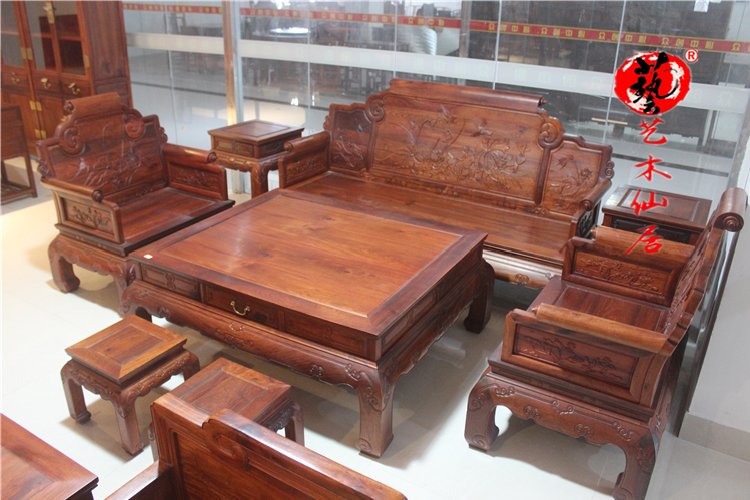 Gỗ hồng mộc cuốn sách cuộn sen sen bộ tám gỗ rắn lớn trái cây gỗ hồng mộc phòng khách sofa đồ gỗ gụ - Bộ đồ nội thất sofa gỗ đơn giản