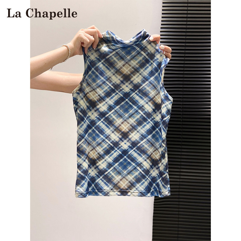 La Chapelle Retro Plaid Half-High Collar Vest for Women, Summer Outerwear, 2026 New Slim-Fit Sleeveless Top